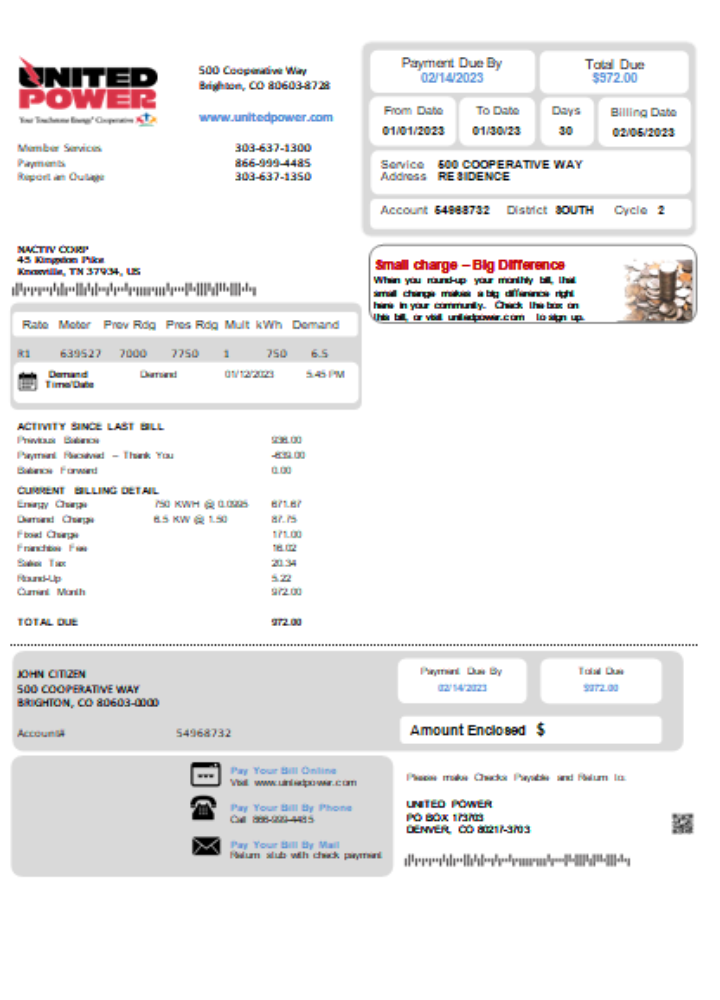 Colorado United Power utility business bill SCR PSD template